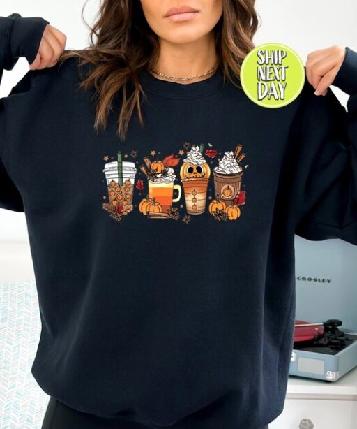 Fall Coffee Shirt, Cute Fall Sweatshirt and Hoodie, Thanksgiving Shirt, Halloween Shirt, Pumpkin Fall Sweatshirt, Coffee Lover Shirt -HC43