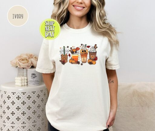 Fall Coffee T-Shirt, Cute Halloween Fall Shirt, Mouse Ears Coffee Lover Shirt, Pumpkin Spice Latte Drink Cup, Thanksgiving Shirt -HC43