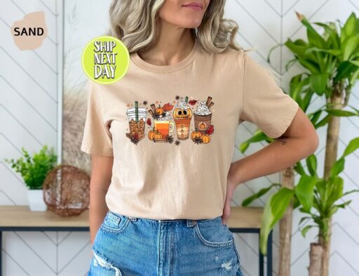 Fall Coffee T-Shirt, Cute Halloween Fall Shirt, Mouse Ears Coffee Lover Shirt, Pumpkin Spice Latte Drink Cup, Thanksgiving Shirt -HC43