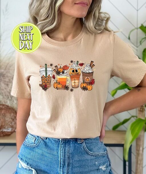 Fall Coffee T-Shirt, Cute Halloween Fall Shirt, Mouse Ears Coffee Lover Shirt, Pumpkin Spice Latte Drink Cup, Thanksgiving Shirt -HC43