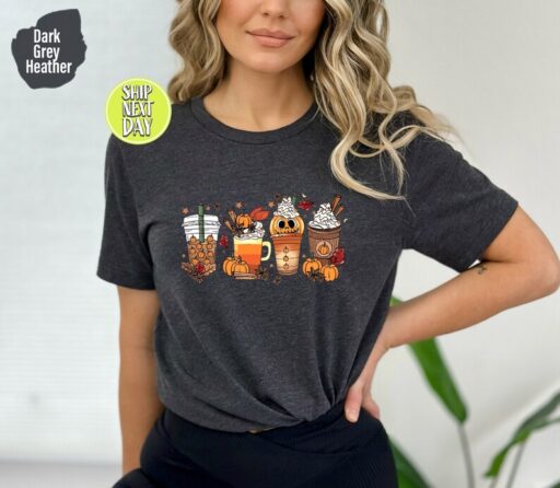 Fall Coffee T-Shirt, Cute Halloween Fall Shirt, Mouse Ears Coffee Lover Shirt, Pumpkin Spice Latte Drink Cup, Thanksgiving Shirt -HC43