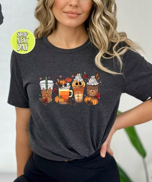 Fall Coffee T-Shirt, Cute Halloween Fall Shirt, Mouse Ears Coffee Lover Shirt, Pumpkin Spice Latte Drink Cup, Thanksgiving Shirt -HC43