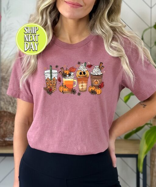 Fall Coffee T-Shirt, Cute Halloween Fall Shirt, Mouse Ears Coffee Lover Shirt, Pumpkin Spice Latte Drink Cup, Thanksgiving Shirt -HC43