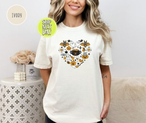 Halloween Doodles Hearth T-Shirt, Cute Halloween Shirt, Mom Gift For Halloween, Halloween Heart Tshirt, Pumpkin Halloween Witch Tee -HC16