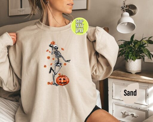 Halloween Sweatshirt, Witch Sweater, Gift For Halloween, Iprintasty Halloween, Skeleton Fall Halloween, Skeleton and Pumpkin Hoodie -HC15
