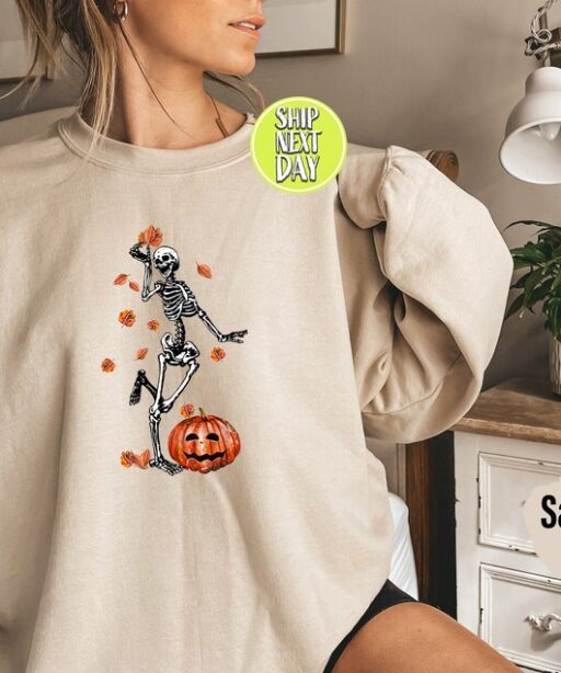 Halloween Sweatshirt, Witch Sweater, Gift For Halloween, Iprintasty Halloween, Skeleton Fall Halloween, Skeleton and Pumpkin Hoodie -HC15