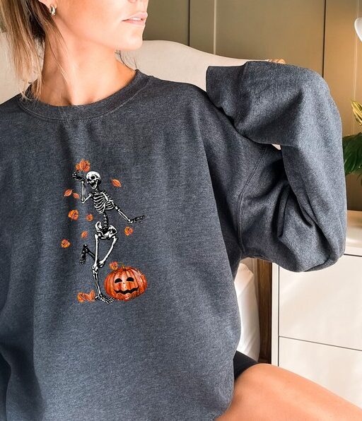 Halloween Sweatshirt, Witch Sweater, Gift For Halloween, Iprintasty Halloween, Skeleton Fall Halloween, Skeleton and Pumpkin Hoodie -HC15