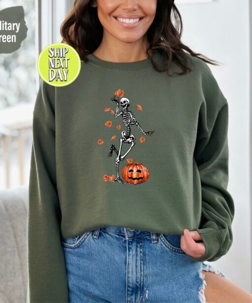 Halloween Sweatshirt, Witch Sweater, Gift For Halloween, Iprintasty Halloween, Skeleton Fall Halloween, Skeleton and Pumpkin Hoodie -HC15