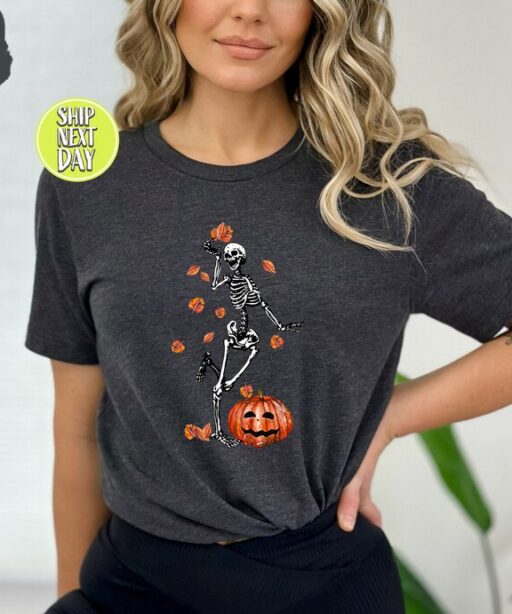 Dancing Skeleton T-Shirt, 2023 Pumpkin Shirt, Skeleton And Pumpkin Tee Shirt For Halloween, Fall Tshirt, Funny Halloween Shirt -HC15