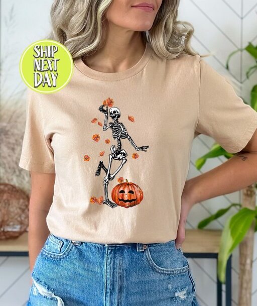 Dancing Skeleton T-Shirt, 2023 Pumpkin Shirt, Skeleton And Pumpkin Tee Shirt For Halloween, Fall Tshirt, Funny Halloween Shirt -HC15