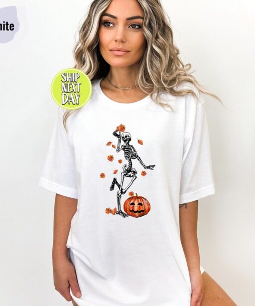 Dancing Skeleton T-Shirt, 2023 Pumpkin Shirt, Skeleton And Pumpkin Tee Shirt For Halloween, Fall Tshirt, Funny Halloween Shirt -HC15