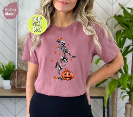 Dancing Skeleton T-Shirt, 2023 Pumpkin Shirt, Skeleton And Pumpkin Tee Shirt For Halloween, Fall Tshirt, Funny Halloween Shirt -HC15