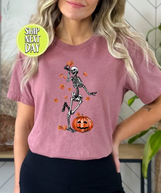 Dancing Skeleton T-Shirt, 2023 Pumpkin Shirt, Skeleton And Pumpkin Tee Shirt For Halloween, Fall Tshirt, Funny Halloween Shirt -HC15