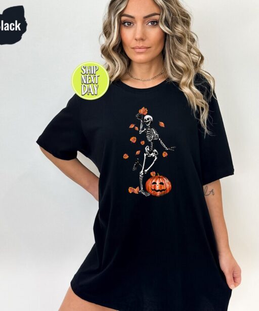 Dancing Skeleton T-Shirt, 2023 Pumpkin Shirt, Skeleton And Pumpkin Tee Shirt For Halloween, Fall Tshirt, Funny Halloween Shirt -HC15