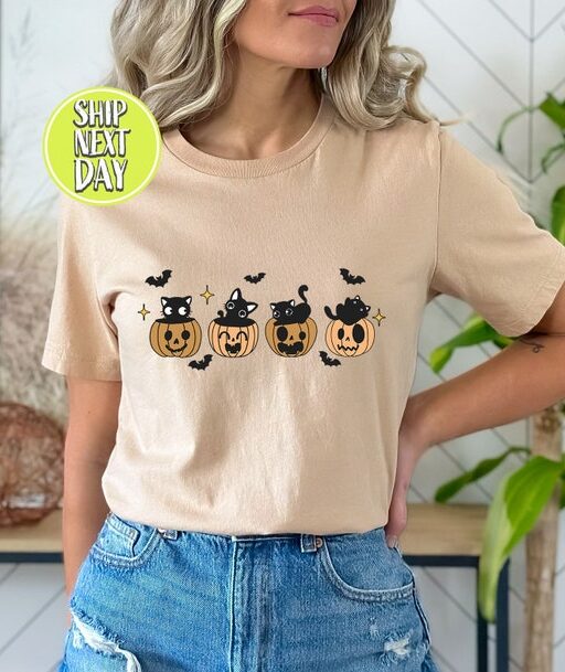 Black Cat and Pumpkin HalloweenTshirt, Shirt for fall, Black Cat t-shirt, Halloween Black Cat, Iprintasty Halloween, Fall Cat Shirt -HC021