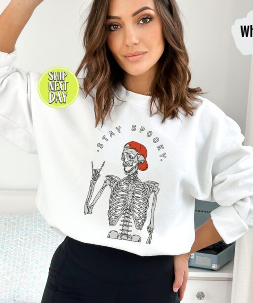 Stay Spooky Sweatshirt, Halloween Skeleton Hoodie, Stay Spooky Shirt, Retro Halloween, Funny Halloween Gift, Spooky Season,Cute Ghost - HC50