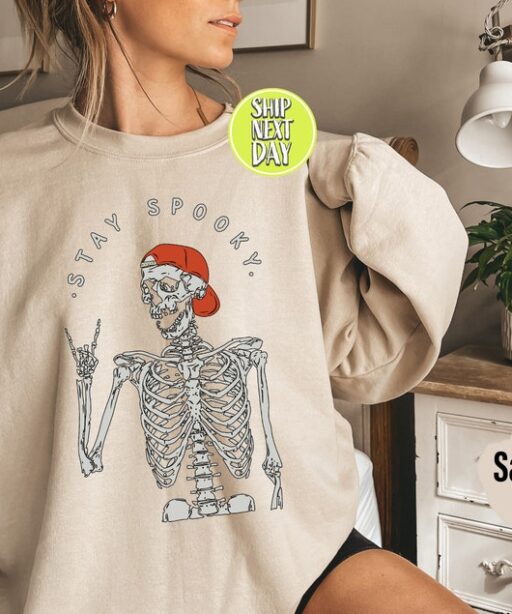 Stay Spooky Sweatshirt, Halloween Skeleton Hoodie, Stay Spooky Shirt, Retro Halloween, Funny Halloween Gift, Spooky Season,Cute Ghost - HC50