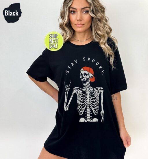 Stay Spooky Skeleton T-Shirt, Spooky Vibes Shirt, Halloween Skeleton Shirt, Funny Halloween Shirt, Spooky Season Shirt, Ghost Halloween-HC50