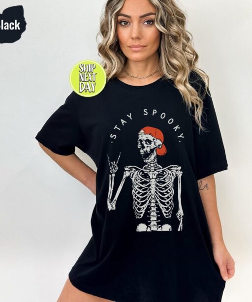 Stay Spooky Skeleton T-Shirt, Spooky Vibes Shirt, Halloween Skeleton Shirt, Funny Halloween Shirt, Spooky Season Shirt, Ghost Halloween-HC50