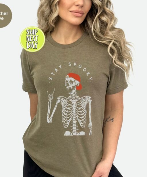 Stay Spooky Skeleton T-Shirt, Spooky Vibes Shirt, Halloween Skeleton Shirt, Funny Halloween Shirt, Spooky Season Shirt, Ghost Halloween-HC50