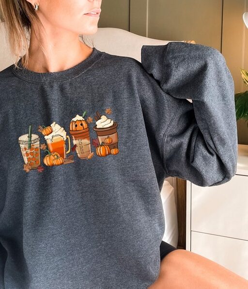 Vintage Halloween Coffee and Pumpkin Shirt, Halloween Coffee Sweatshirt, Pumpkin Spice Latte Hoodie, Coffee Fall Sweatshirt, Pumpkin - HC47