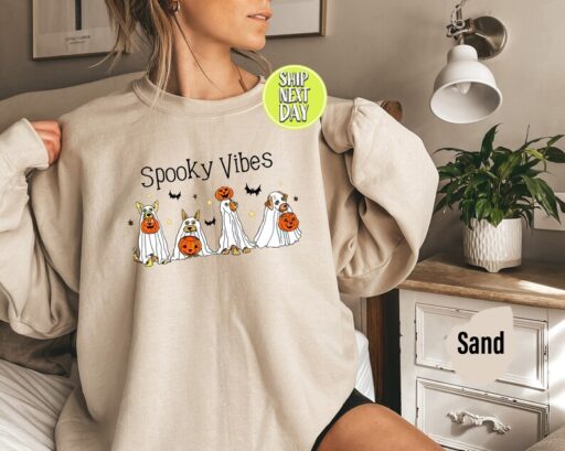 Halloween Ghost Dog Sweatshirt and Hoodie, 2023 Happy Halloween Dog Lover Sweater, Retro Spooky Season, Halloween Ghost Dog Sweat -HC046