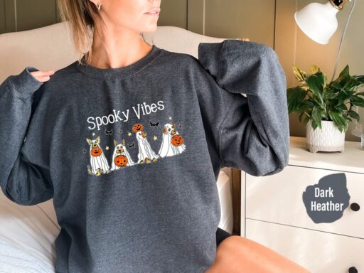 Halloween Ghost Dog Sweatshirt and Hoodie, 2023 Happy Halloween Dog Lover Sweater, Retro Spooky Season, Halloween Ghost Dog Sweat -HC046