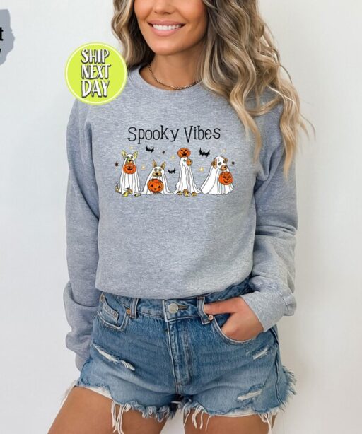 Halloween Ghost Dog Sweatshirt and Hoodie, 2023 Happy Halloween Dog Lover Sweater, Retro Spooky Season, Halloween Ghost Dog Sweat -HC046