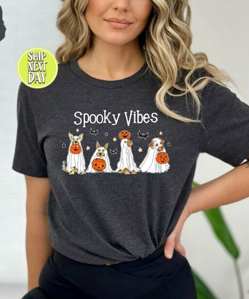 Ghost Dog Friends T-Shirt, Spooky Vibes Dog Shirt, Dog Lovers Halloween TShirt,Dog Mom Halloween T-Shirt,Halloween Party, Spooky Season-HC46