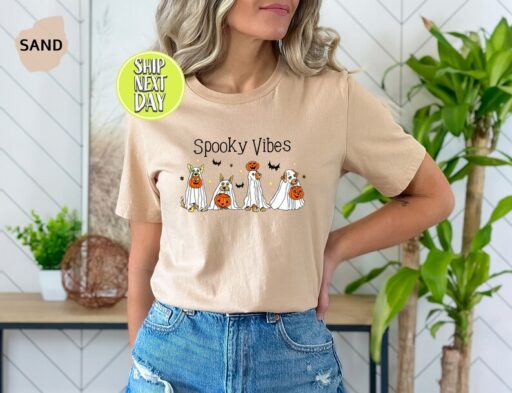 Ghost Dog Friends T-Shirt, Spooky Vibes Dog Shirt, Dog Lovers Halloween TShirt,Dog Mom Halloween T-Shirt,Halloween Party, Spooky Season-HC46