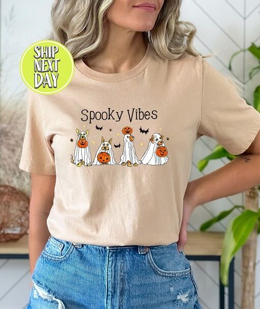 Ghost Dog Friends T-Shirt, Spooky Vibes Dog Shirt, Dog Lovers Halloween TShirt,Dog Mom Halloween T-Shirt,Halloween Party, Spooky Season-HC46