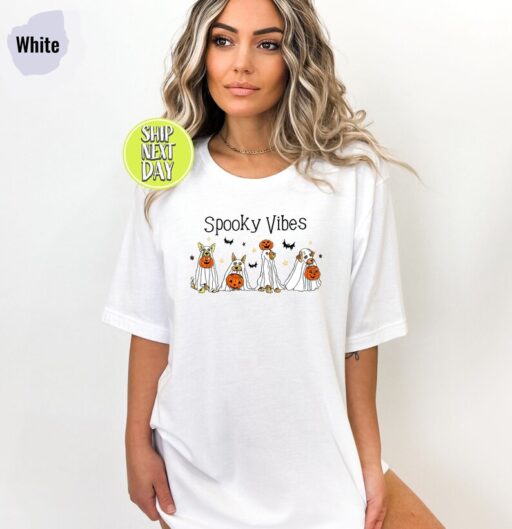 Ghost Dog Friends T-Shirt, Spooky Vibes Dog Shirt, Dog Lovers Halloween TShirt,Dog Mom Halloween T-Shirt,Halloween Party, Spooky Season-HC46