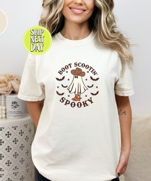 Boot Scootin Spooky T-Shirt, Halloween Shirt, Cowboy Ghost Shirt, Western Halloween Tee, Cute Spooky Shirt, Halloween Gift, Ghost -HC019