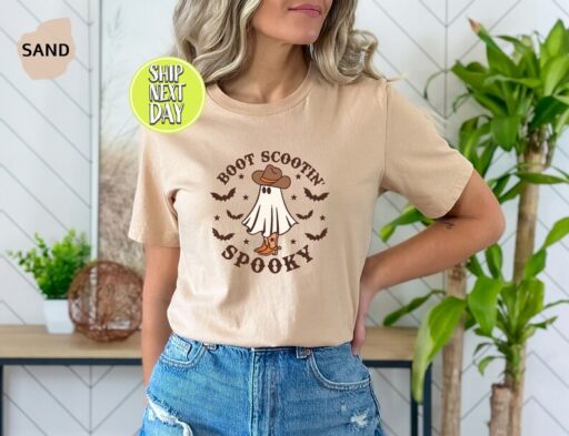 Boot Scootin Spooky T-Shirt, Halloween Shirt, Cowboy Ghost Shirt, Western Halloween Tee, Cute Spooky Shirt, Halloween Gift, Ghost -HC019