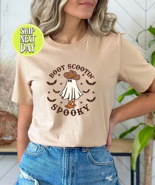 Boot Scootin Spooky T-Shirt, Halloween Shirt, Cowboy Ghost Shirt, Western Halloween Tee, Cute Spooky Shirt, Halloween Gift, Ghost -HC019