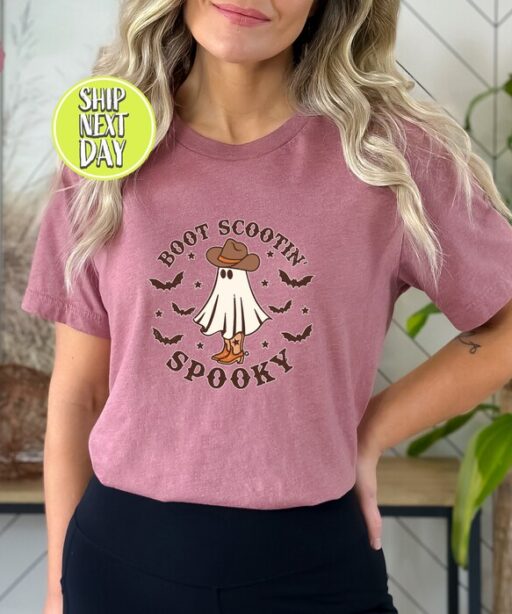 Boot Scootin Spooky T-Shirt, Halloween Shirt, Cowboy Ghost Shirt, Western Halloween Tee, Cute Spooky Shirt, Halloween Gift, Ghost -HC019