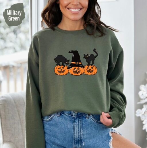 Halloween Sweatshirt and Hoodie, Vintage Black Cat And Pumpkin Shirt,Halloween Cat Shirt,Cat Sweatshirt, Spooky Season Sweat, Pumpkin -HC014