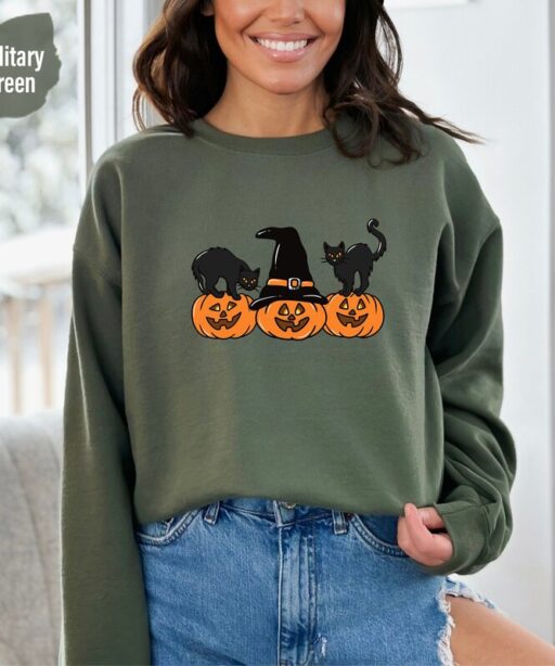 Halloween Sweatshirt and Hoodie, Vintage Black Cat And Pumpkin Shirt,Halloween Cat Shirt,Cat Sweatshirt, Spooky Season Sweat, Pumpkin -HC014