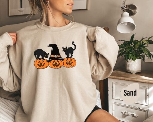 Halloween Sweatshirt and Hoodie, Vintage Black Cat And Pumpkin Shirt,Halloween Cat Shirt,Cat Sweatshirt, Spooky Season Sweat, Pumpkin -HC014