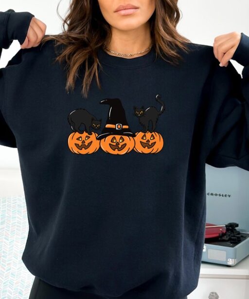 Halloween Sweatshirt and Hoodie, Vintage Black Cat And Pumpkin Shirt,Halloween Cat Shirt,Cat Sweatshirt, Spooky Season Sweat, Pumpkin -HC014