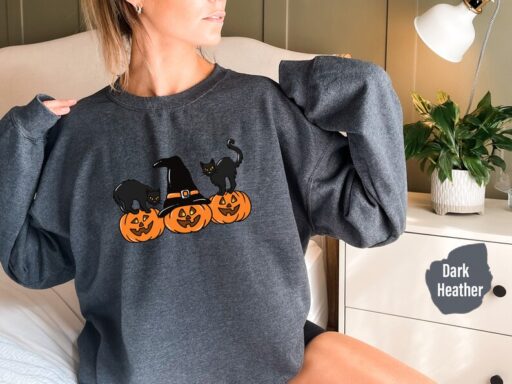 Halloween Sweatshirt and Hoodie, Vintage Black Cat And Pumpkin Shirt,Halloween Cat Shirt,Cat Sweatshirt, Spooky Season Sweat, Pumpkin -HC014