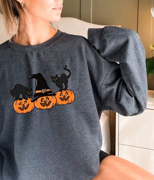 Halloween Sweatshirt and Hoodie, Vintage Black Cat And Pumpkin Shirt,Halloween Cat Shirt,Cat Sweatshirt, Spooky Season Sweat, Pumpkin -HC014