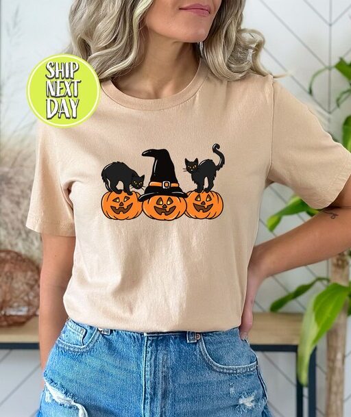 Black Cat on Pumpkin shirt, Shirt for fall, Vintage Halloween, Spooky Season Shirt,Black Cat Design, Fall Shirt, iprintasty halloween -HC014