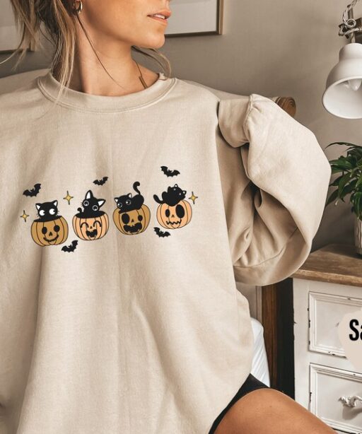 Halloween Black Cat Sweatshirt and Hoodie, Pumpkin Shirt, Halloween Sweater, Halloween Cat Shirt, Black Cat Shirt, 2023 Spooky Season -HC021