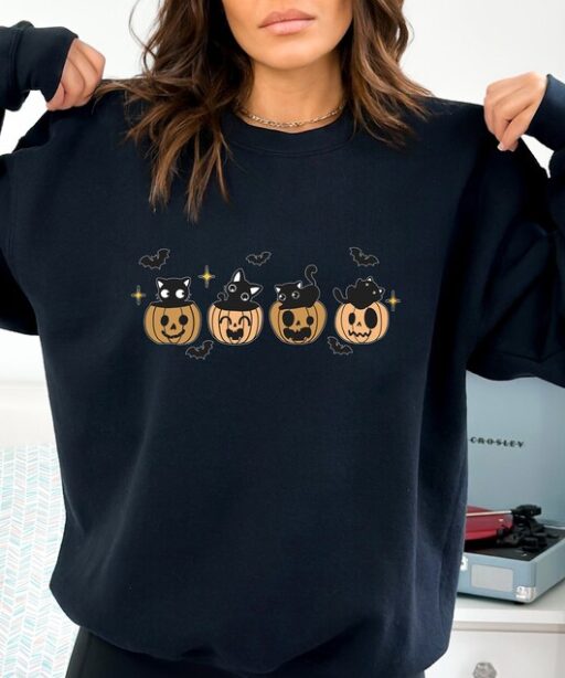 Halloween Black Cat Sweatshirt and Hoodie, Pumpkin Shirt, Halloween Sweater, Halloween Cat Shirt, Black Cat Shirt, 2023 Spooky Season -HC021