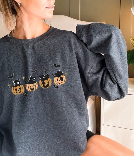 Halloween Black Cat Sweatshirt and Hoodie, Pumpkin Shirt, Halloween Sweater, Halloween Cat Shirt, Black Cat Shirt, 2023 Spooky Season -HC021