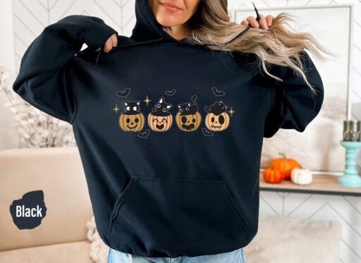 Halloween Black Cat Sweatshirt and Hoodie, Pumpkin Shirt, Halloween Sweater, Halloween Cat Shirt, Black Cat Shirt, 2023 Spooky Season -HC021