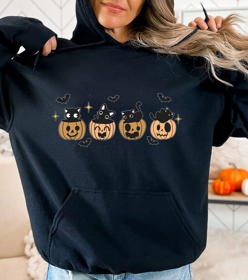 Halloween Black Cat Sweatshirt and Hoodie, Pumpkin Shirt, Halloween Sweater, Halloween Cat Shirt, Black Cat Shirt, 2023 Spooky Season -HC021