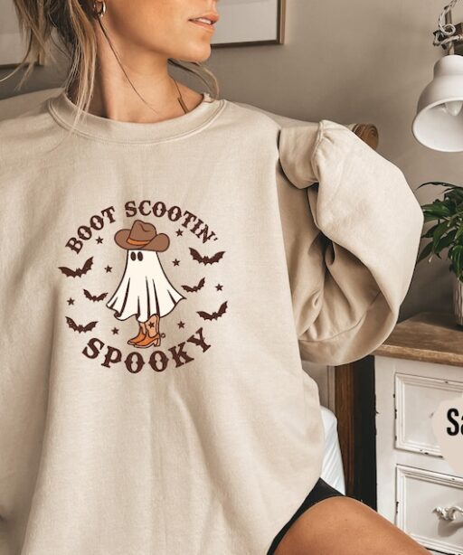 Boot Scootin Spooky Sweatshirt and Hoodie, Western Halloween Shirt, Halloween Shirt ,Cowboy Ghost Shirt,Cute Spooky, Halloween Gift -HC019