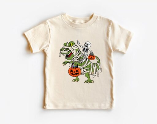 Skeleton Rides Dinasour Pumpkin Toddler Shirt, Halloween Boy Skeleton Shirts, Cool Halloween Kids, Happy Halloween Dinasour Shirt -HC011